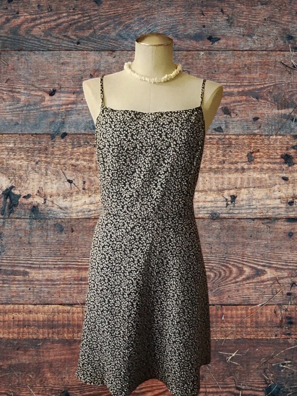 Black Floral Slip Dress with Cream Ditsy Print & Puka Shell Necklace